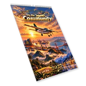Cover des Fly the Community Wandkalenders 2027 mit Flugzeug, Reisemotiven und goldener Jahreszahl