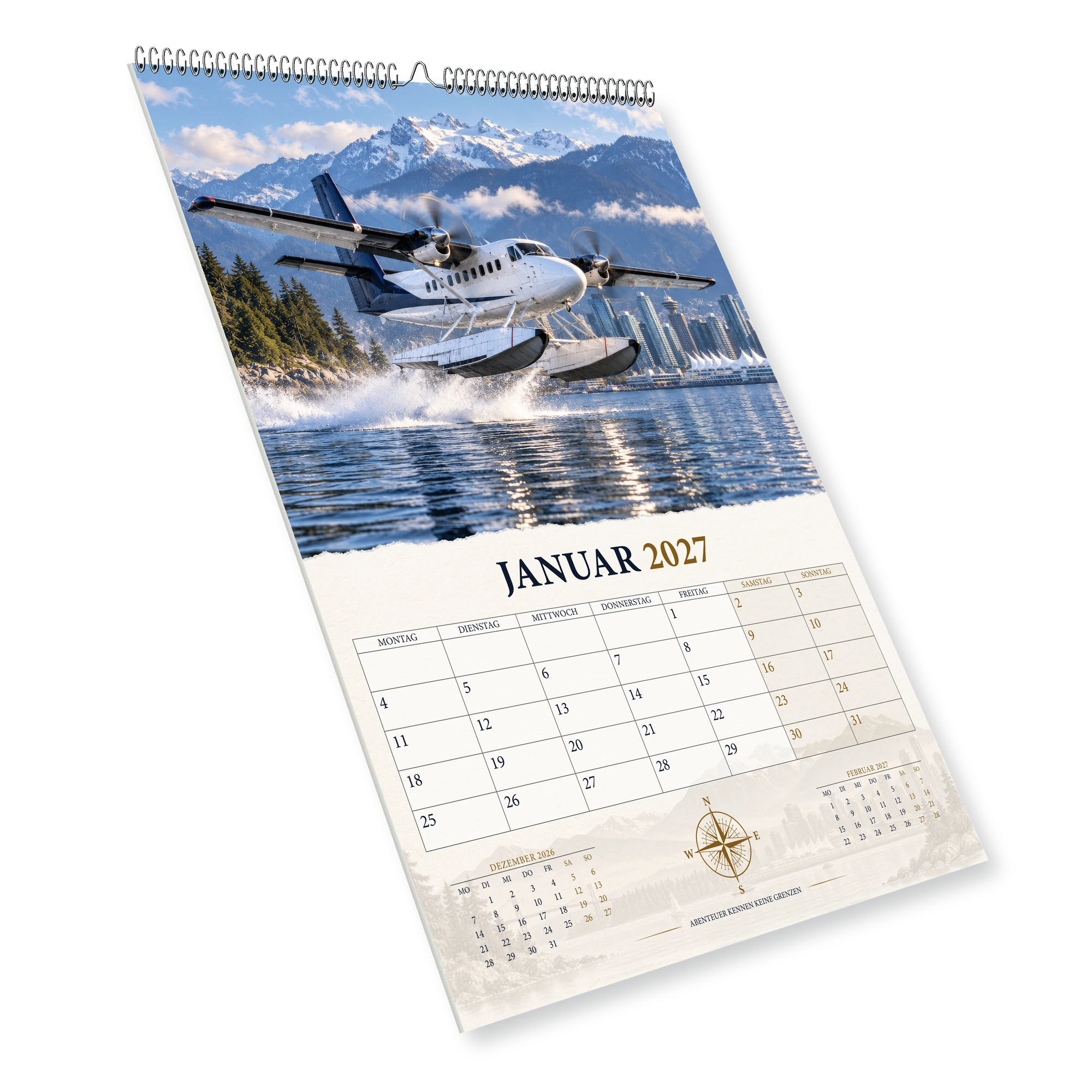 Januarblatt 2027 mit Wasserflugzeug vor Vancouver und verschneiten Bergen